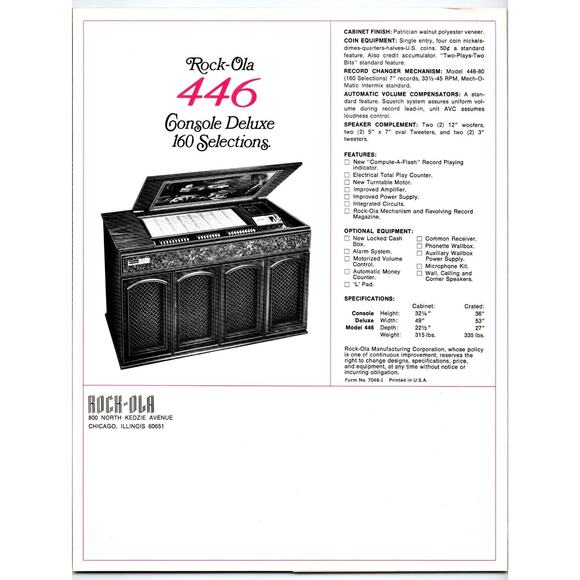 Rock-Ola 446 Lowboy Jukebox Flyer 1971 Original Phonograph Music Foldout Promo - Picture 1 of 4